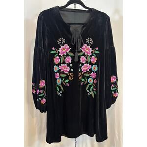 Black Velvet Embroidered Boho Tunic Dress Floral Peasant Bell Sleeve S